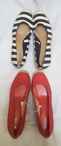 BUNDLE Merona Blue Cream Striped & Red Canvas Wmns Wedge Heels SlipOn Shoes SZ 8 - Picture 1 of 8