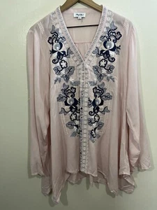 Floral Embroidered Boho Feminine Tunic Top 1X Cottage Lagenlook Whimsical Pink - Picture 1 of 15