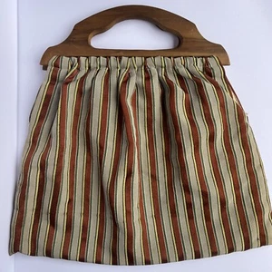 Vintage Handmade Wood Handle Fabric Tote Bag Boho Striped 70s Purse Clutch - Picture 1 of 7
