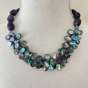 Coldwater Creek Purple Amethyst Gemstone Teardrop Abalone Shell Bead Necklace - Picture 1 of 3