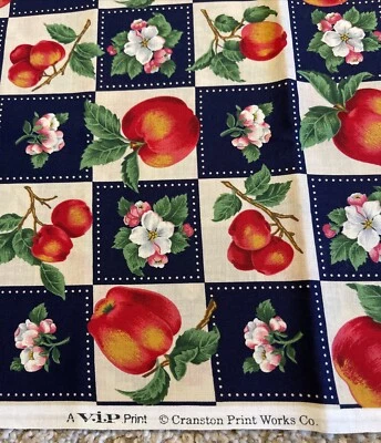 Cranston Fabric Apples And Blossom Square Patch Dark Blue 25” x44” Cotton USA - Image 1 of 4