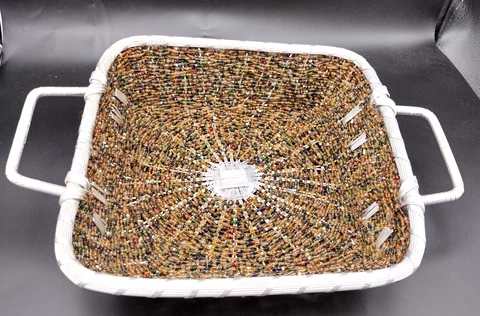 Handmade Silver Tone Metal Wire, Glass Beaded Basket, Square, Handle, Multicolor Cover