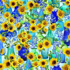 Summer Sunflowers Cobalt Fabric 110cm wide (per metre) - Picture 1 of 4