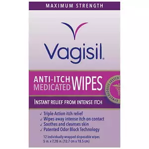 Vagisil Anti-Itch Medicated Wipes, Maximum Strength For Instant Relief, 12 Count - Picture 1 of 8