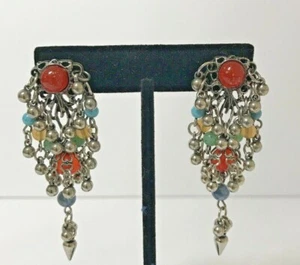 Vintage Chain and Multicolored Beads/Stone Dangle Earrings - Picture 1 of 5