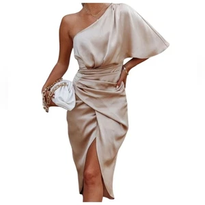 NEW NWT Do+Be One Shoulder Dress Small Soft Pink Satin Ruched Midi Cocktail - Picture 1 of 9