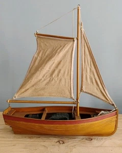 Vintage Wooden Pond Yacht Handmade Fishing Boat Net Anchor Sails Hand Painted - Picture 1 of 9