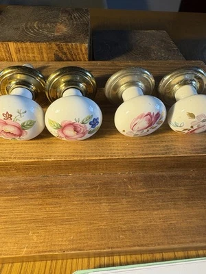 Vintage Ceramic Drawer Knobs Floral Hand Painted Set Of 4 - Image 1 of 4