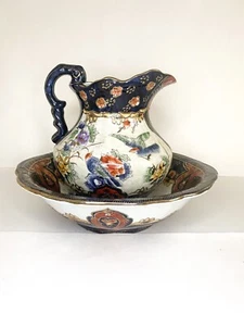 antique wash basin and pitcher gilt gold birds floral - Picture 1 of 12