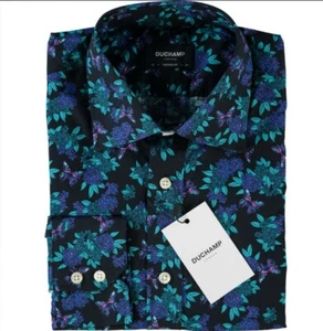 DUCHAMP LONDON Black Tone and Turquoise & Purple Floral Print Tailored Shirt - Picture 1 of 3