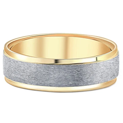 7mm Mens 10k White and Yellow Gold Two Tone Brushed Flat Edge Wedding Band - Image 1 of 4