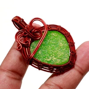 Green Titanium Druzy Gemstone Copper Pendant Handmade Wire Wrap Jewelry 2.3" - Picture 1 of 6