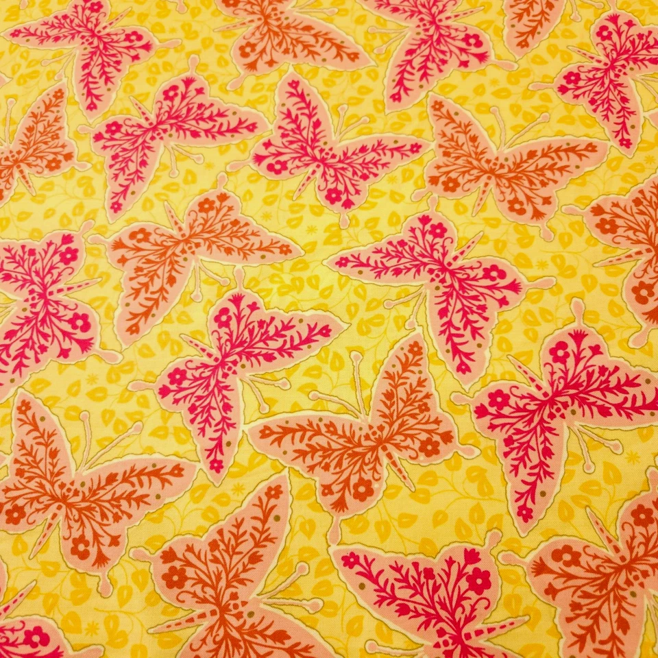 Willow BTY Junebee Ink & Arrow Floral Butterfly Orange Rust Red on Yellow - Image 1 of 3