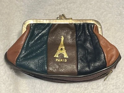 Vtg Pouch Leather Posh Paris Patchwork Coin Purse Double Kisslock Bottom Zipper - Image 1 of 4