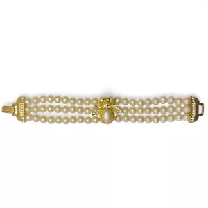 Brazalete de abeja vintage firmado por Joan Rivers de perlas de imitación triple hilo estrás - Imagen 1 de 9