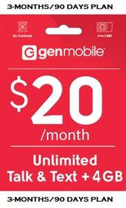Gen Mobile Prepaid $20 Plan For 90 DAYS Unlt'd Talk/Text/4GB Data ($60 VALUE) - Picture 1 of 6