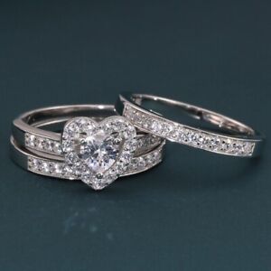 925 Solid Sterling Silver Heart Cubic Zirconia Bridal Set Engagement Ring