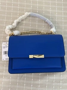 Michael Kors Jade LG Gusset Leather Shoulder Bag Grecian Blue Gold Chain , New! - Picture 1 of 11