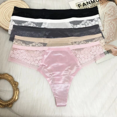 5 Packs Lot Womens Sexy Silky Satin Panties Thongs G string Bikinis Brief French - Image 1 of 4