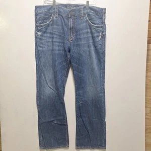 Silver Jeans Mens 38x32 Blue Nash Straight Flap Western Distressed Denim Rodeo - Picture 1 of 16