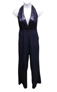 Lulus Womens Large Navy Blue Jumpsuit Sequin Halter Neck Cocktail Party Club - Picture 1 of 7
