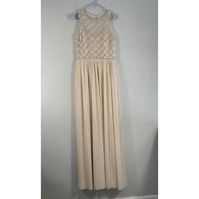 Vestido blusa halter sin mangas con cuentas beige melocotón talla 6 de Adrianna Papell para mujer Foto 1 de 4
