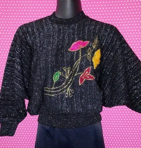 80s Black & Silver Dolman Sleeve Jumper w/ Floral Applique - Approx Size 10-12 - Picture 1 of 24