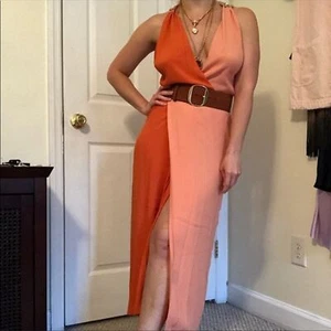 Equipment Faux Wrap Midi Dress Orange Colorblock Sz 0 Old Money Wedding Resort  - Picture 1 of 15