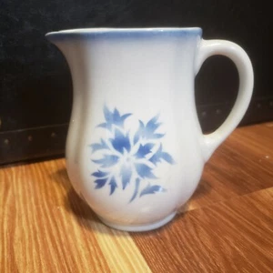 Vintage Arabia of Finland Creamer Pitcher Blue Stenciled Flower 5 Inches Crazing - Picture 1 of 7