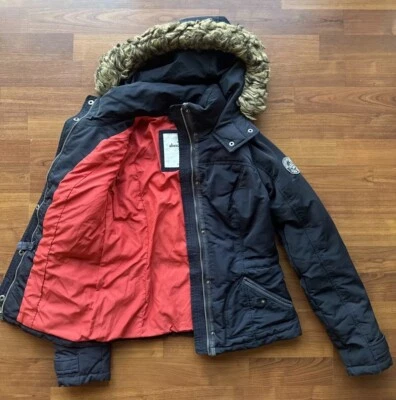Abercrombie & Fitch Girls Dark Blue Navy Down Coat Faux Fur Y2k Parka Size XL - Image 1 of 4