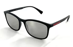 Nuevas gafas de sol Prada Linea Rossa SPS01T de goma negra con lentes espejadas gris claro - Imagen 1 de 6