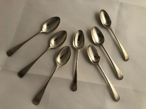 7 Sterling Silver Demitasse Spoons Mono: 3 Scottish Roberts & Belk 1921 & 4 Unk Cover