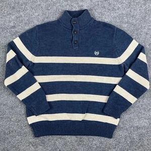 Chaps Striped Sweater Mens Large Blue White Button Mock Neck Cotton Preppy - Picture 1 of 7