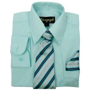 Boys Aqua Dress Shirt V2000 with Matching Tie & Hankie Long Sleeve 4 to 20 - Picture 1 of 2