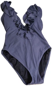 Traje de baño Michael Kors cuello en V profundo con volantes de una pieza talla 10 gris - Imagen 1 de 16