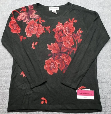 Cathy Daniels свитер женщин L черный красный цветочный круглый вырез длинным рукавом новый - Изображение 1 из 4