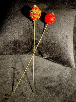 Antique Hair Or Hat Pin Victorian Orange & Gold Tone Art Deco Fashion Pair - Image 1 of 4