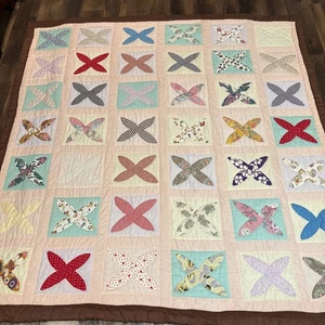 Handgenähter Quilt 4 Punkt Stern Tagesdecke 87x89" Vintage Patchwork Braun Rücken - Bild 1 von 24