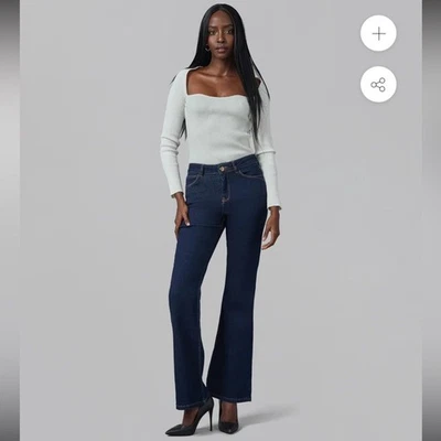 NUEVO Jeans de mezclilla premium elásticos azul oscuro tiro alto acampanados Lola Denim-Alice 32 Foto 1 de 4