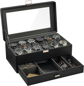 Caja reloj hombre 12 ranuras 2 niveles con tapa vidrio cajon organizador joyeria - Picture 1 of 12