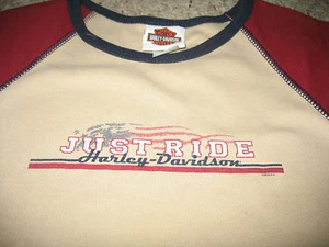 Womens S Harley Davidson 100% cotton knit shirt, tan, maroon, navy. slight use. - Imagen 1 de 5
