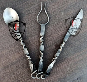 Juego de cubiertos medievales cuchara de hierro forjado a mano, cuchillo y tenedor utensilios fiesta vikinga - Imagen 1 de 8