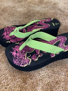 Y2K Reef Platform Purple Dragon & Lime Green Sz 10 Black Flip Flop Sandals - Picture 1 of 16