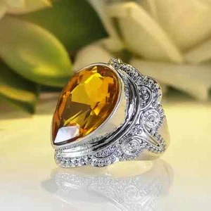 Awesome Teardrop Filigree Lab Created Citrine Rhodium Plated Ring-6 7 8 9 10 - Picture 1 of 6