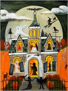 OrIgInAl FoLk ART HallOwEEn WiTcH MooN PaRtY BlAcK CaTs SkElEtOns VaMpIrE PrInT - Bild 1 von 3