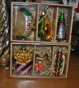 NEW MARRY WAY 2 Boxes Set/6 Glass Ornament FAST FOOD Pizza Hot Dog Fries 3.75" - Picture 1 of 6