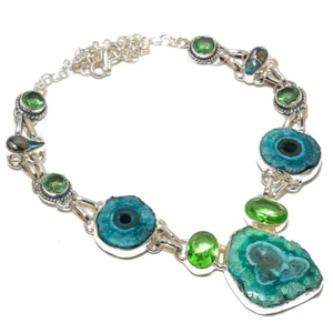 Green Solar Druzy Peridot Biwa Pearl Gemstone Silver Plated Necklace 18" - Picture 1 of 1