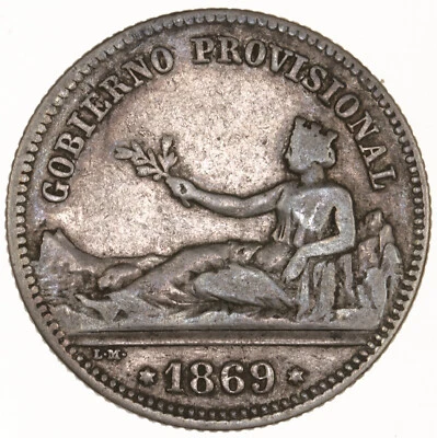 Raw 1869 SN M Spain 1 Peseta Silver Spanish Coin - Image 1 of 4