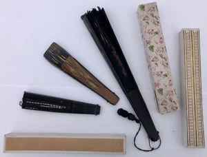 Set of 6 Antique French Fans Hand Painted on Lace & Wood, Boxes, 1800s-1900s - Picture 1 of 10