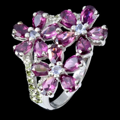 925 Sterlingsilber Ring Birne Rhodolit Granat Tansanit Natur Edelstein Jewelr - Bild 1 von 4